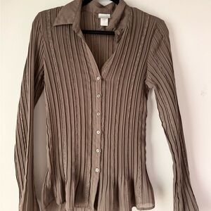 Tailor Vintage Brown Gray Ribbed Button Down Blouse